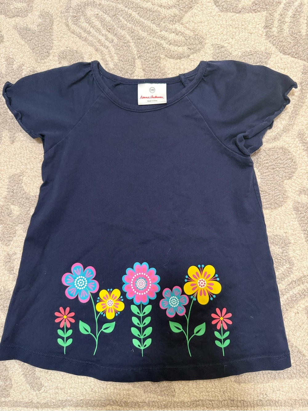 Hanna Andersson Navy Short Sleeve Tee with Colorful Floral Border